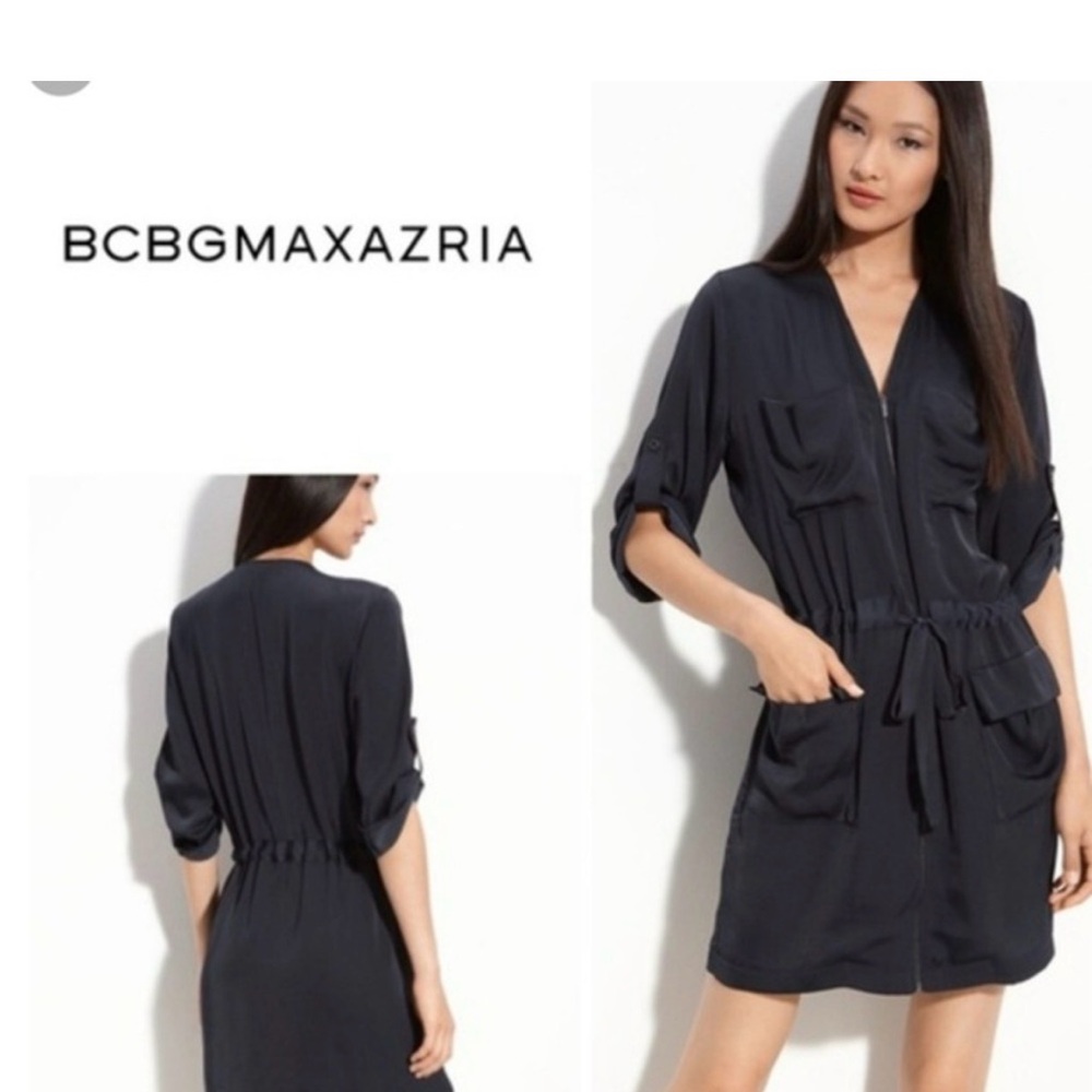 BCBGMaxAzria Navy Zip-Front Drawstring Shirt Dress
